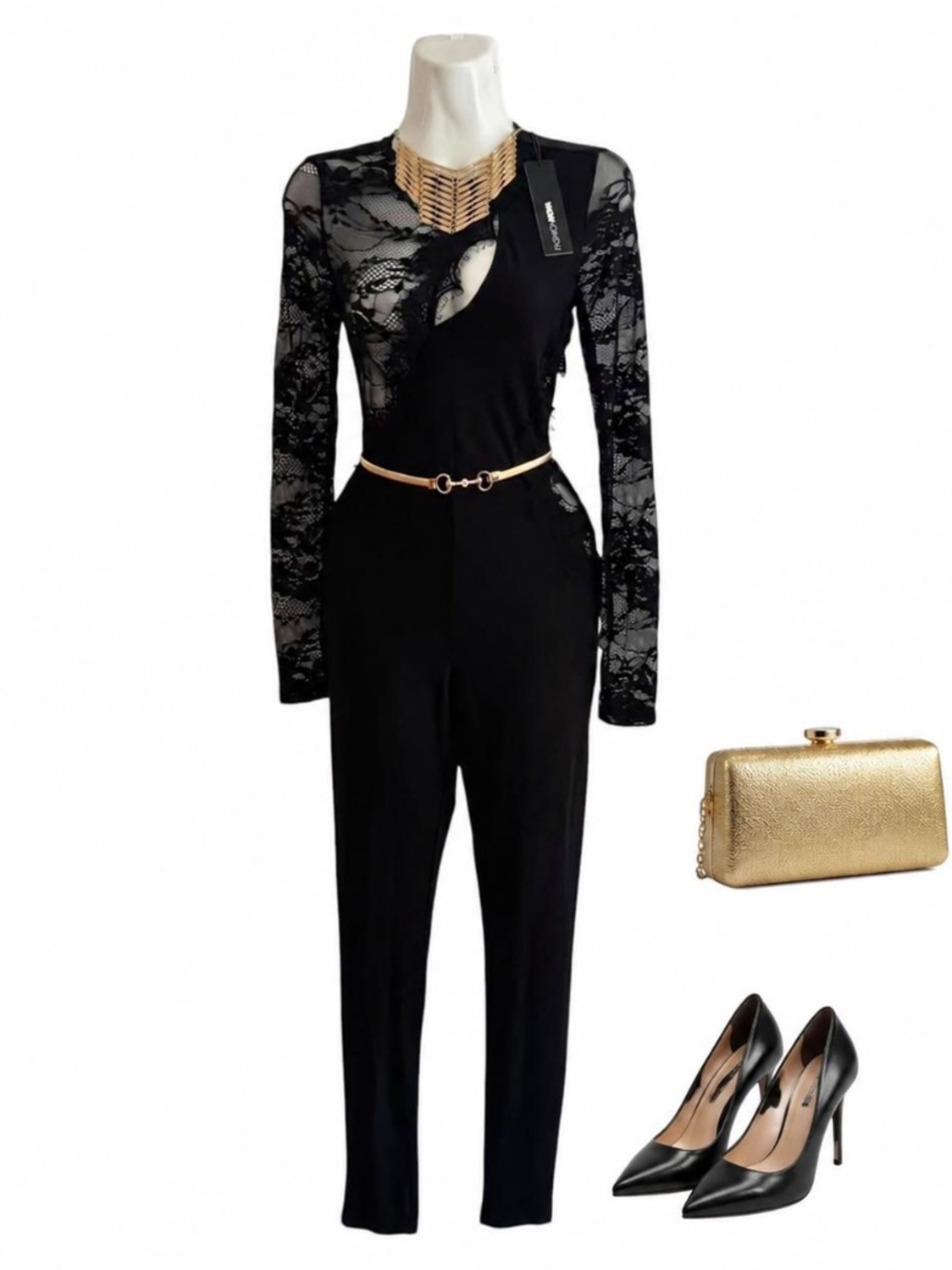 Fashion Nova NWT Black Lace Cutout Jumpsuit Size Small